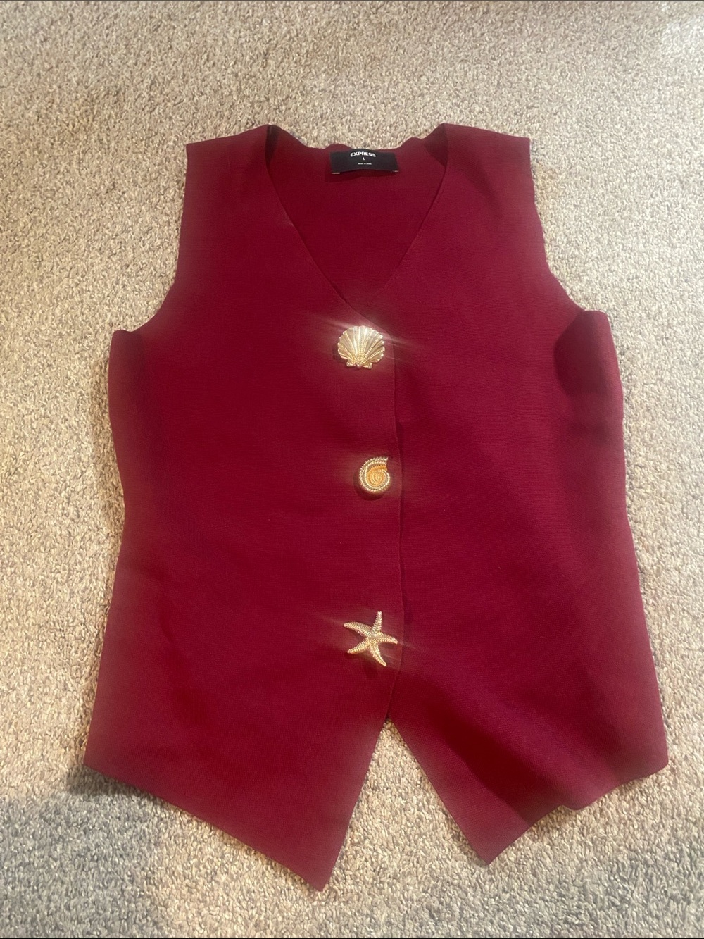 Express Sleeveless Wine-Red Vest with Gold Seashell Buttons